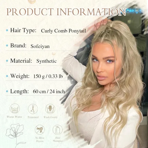 Vista 3 de SOFEIYAN Extensión de cola de caballo con cordón, de 24 pulgadas, ondulado, rizado, con clip, extensiones de cola de caballo con clip, extensiones
