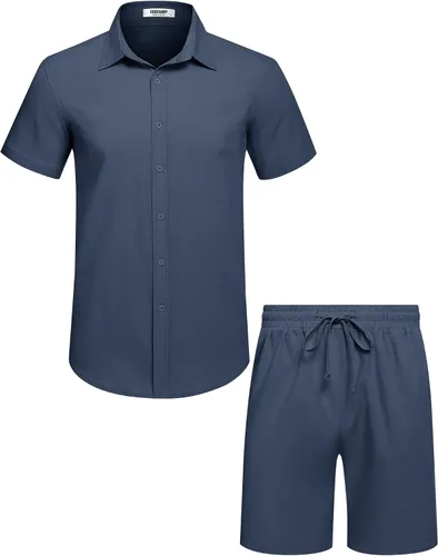 Vista 28 de COOFANDY Conjunto de 2 piezas de algodón y lino para hombre, camisas de manga corta con botones, pantalones cortos de playa de verano, trajes