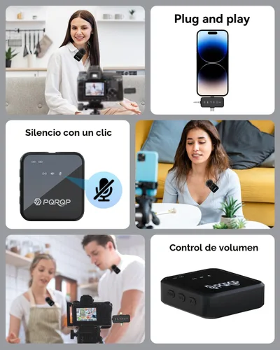 Vista 6 de PQRQP, micrófono 3 en 1 para iPhone/Android/cámara, inalámbrico, transmisión de 328 pies, duración de la batería de 18 horas, mini micrófono