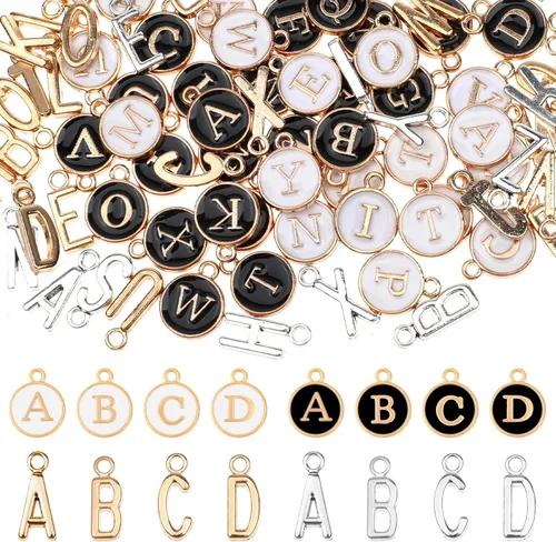 Vista 8 de 104 PIEZAS de dijes de letra para hacer joyas - dijes de alfabeto y iniciales de doble cara para collar y pulsera 2 colores 104 piezas