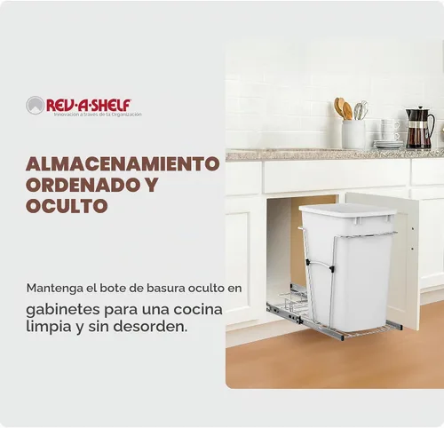 Vista 5 de Rev-A-Shelf Bote de basura extraíble para armarios de cocina, contenedor de reciclaje de basura de 35 cuartos de galón con toboganes de extensión
