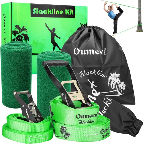 Vista 10 de Oumers Slackline Kit de regalo para principiantes con línea Blance principal de 50 pies, protector de árbol, cubierta de trinquete, bolsa