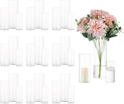 Vista 11 de Glasseam Jarrones cilíndricos transparentes para centros de mesa, juego de 6 jarrones cilíndricos de vidrio, jarrón de huracán para flores