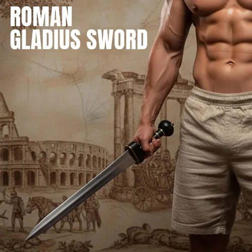 Vista 5 de Szco Supplies Espada de batalla de Gladius romana de 28 pulgadas con vaina de cuero, negro/dorado