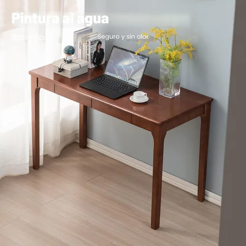 Vista 5 de Escritorio de madera maciza con cajones, escritorio de computadora pequeño para espacios pequeños, escritorios de estudio de juegos, oficina en casa
