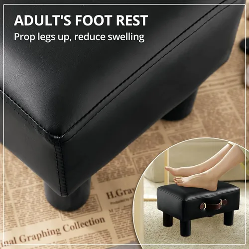 Vista 5 de Taburete de pie pequeño con asa, reposapiés corto de piel sintética negra, taburetes rectangulares de almacenamiento otomano con patas de plástico