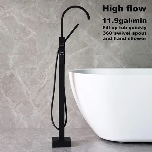 Vista 5 de Grifos de bañera independientes Llenadores de bañera negros Montaje en el piso Llenador de grifo para bañeras Bañeras LLGG Alto Flujo 11.9GPM Baño