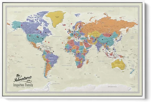 Vista 18 de Lienzo - Mapa de viaje personalizado del mundo Tan Oceans con chinchetas y marco blanco texturizado