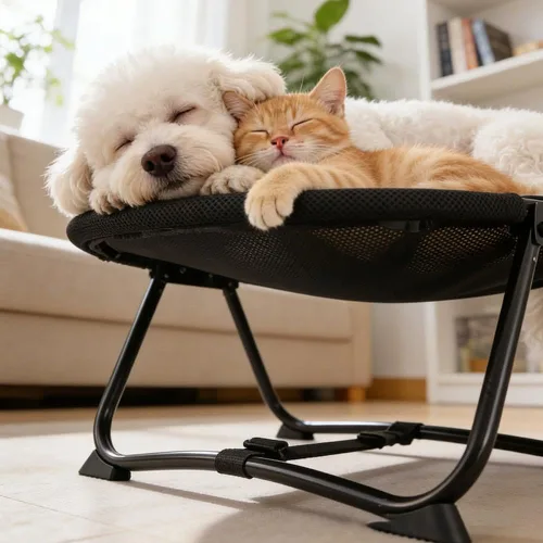 Vista 4 de Elevated Cat Hammock Bed for Indoor and Outdoor Use, Foldable Raised Pet Cot with Breathable Cooling Mesh, Portable No-Assembly Kitten Lounge for