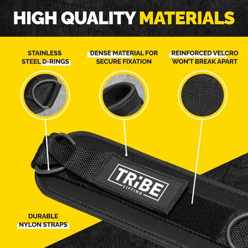 Vista 2 de Tribe Lifting Ankle Straps for Cable Machines - Padded Neoprene Ankle Cuffs with Double D-Ring Attachments - Adjustable Leg Straps for Glute