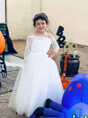 Vista 3 de Flower Girl Dress Long Sleeve Kids Lace Pageant Party Christmas Ball Gown First Communion Dresses
