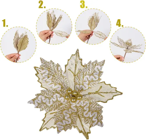 Vista 3 de Flores doradas de Pascua de Navidad, paquete de 6 flores de tela con purpurina de 9 pulgadas, adornos para coronas de Navidad, guirnaldas