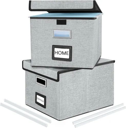 Vista 55 de Caja organizadora de archivos Huolewa con tapa, caja organizadora de carpetas de archivos colgantes de cuero sintético plegable con deslizadores