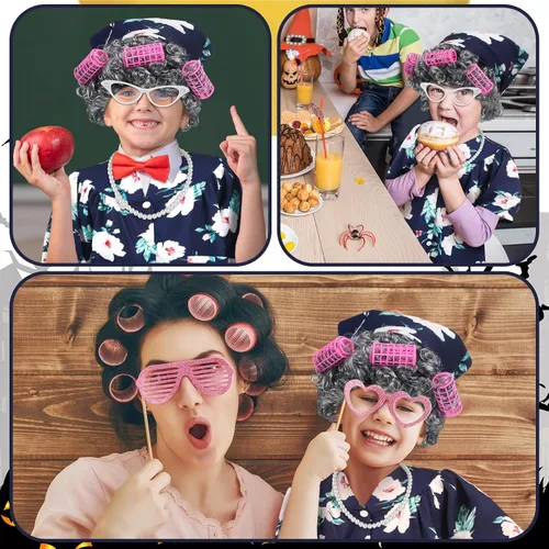 Vista 6 de Haull 8 piezas de disfraz de anciana para niños, disfraz de abuela para niños, vestido de abuelita, peluca plegable, gafas de muleta para Halloween