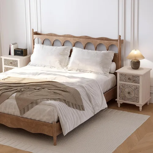 Vista 3 de HOMPUS - Mesa de noche blanca con cajón y almacenamiento, mesa de noche con motivo floral completamente ensamblada para espacios pequeños, mesa