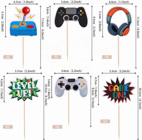Vista 2 de 36 piezas de decoraciones para cupcakes de videojuegos ensambladas, controladores Game On, palillos para cupcakes, decoraciones de pastel GamePad