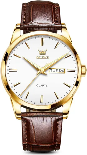 Vista 16 de OLEVS Brown Mens Leather Watch Dress Casual Day Date Quartz Wrist Watch