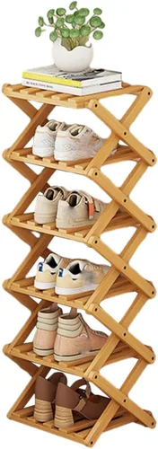 Vista 7 de YYW Zapatero de bambú para entrada, organizador vertical de almacenamiento de zapatos plegable y sin instalación, estantes para zapatos, estante