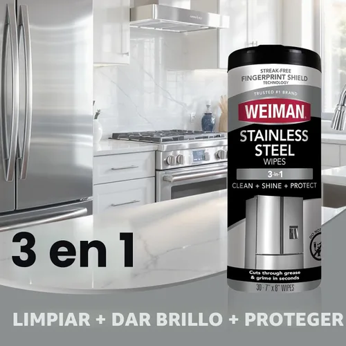 Vista 3 de Weiman Kit de limpiador y pulido de acero inoxidable, 2 toallitas y paño, antihuellas, elimina grasa, manchas de agua, rayas y residuos, limpiador
