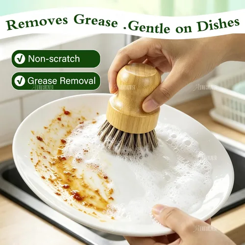 Vista 4 de AUEAR, Cepillo de bambú natural para fregar platos, cepillos de limpieza para ollas, cerdas de coco para sartenes de hierro fundido