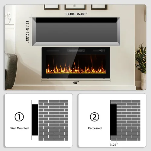 Vista 6 de Chimenea eléctrica ultrafina de 40" empotrada montada en la pared