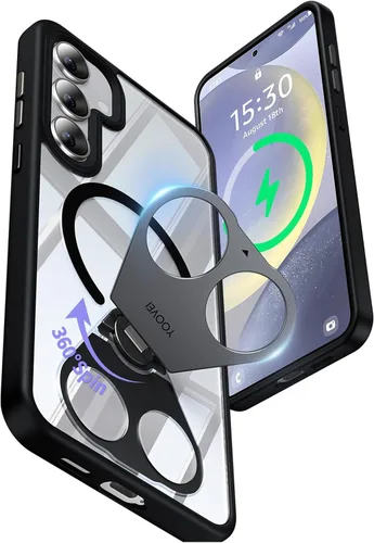 Vista 11 de Funda para Samsung Galaxy S24+ Plus, compatible con MagSafe, con soporte de anillo magnético giratorio de 360° [carga inalámbrica], soporte de Negro
