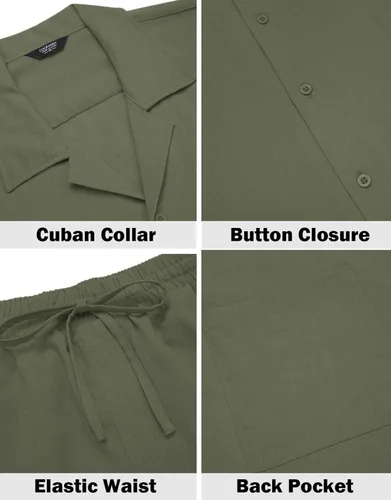 Vista 5 de COOFANDY Conjunto de camisa de 2 piezas para hombre, ajuste regular, manga corta, con botones, informal, para playa, pantalones cortos