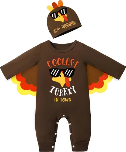 Vista 7 de NAPU My First Thanksgiving Baby Boy Outfit Cute Turkey Romper Long Sleeve One Piece Jumpsuit Hat 2Pc Baby Thanksgiving Outfit Mi primer día