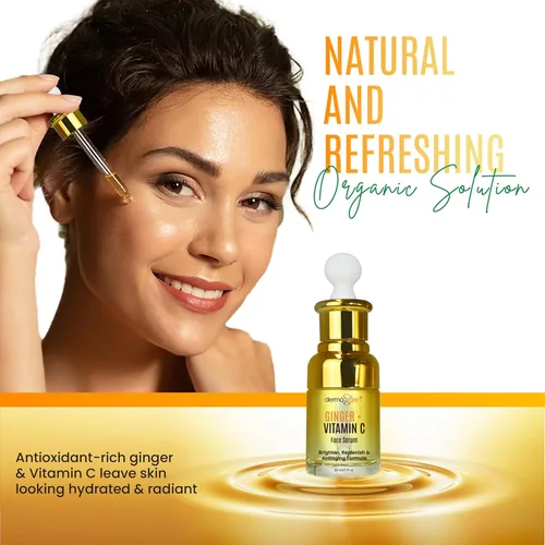 Vista 4 de Suero de vitamina C de jengibre para la cara, suero facial orgánico con ácido hialurónico y raíz de cúrcuma, hidratante para piel opaca y seca