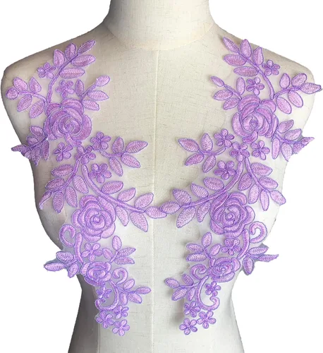 Vista 7 de Worlds 1 par de parches de tela de encaje burdeos bordado apliques de encaje motivo floral vestido de novia costura adornos decoración 13.8 x 5.7 in