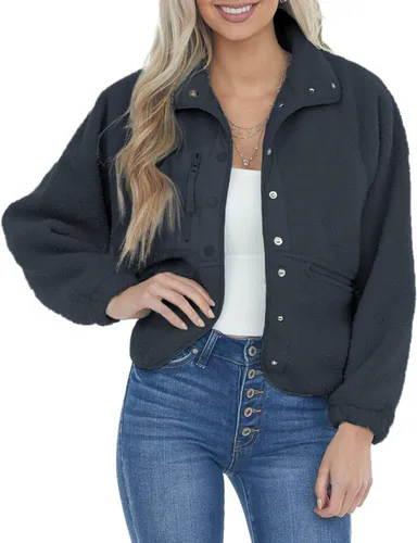 Vista 8 de Aoang Abrigos de invierno para mujer, casual, con solapa, manga larga Verde militar