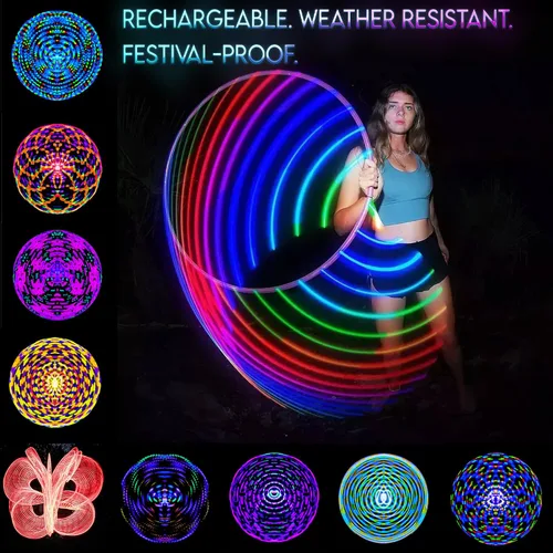Vista 2 de UltraHoop Shuffle LED Hoop – Aro LED inteligente con cambio de color automático y más de 100 patrones de luz – Recargable, plegable, juguetes