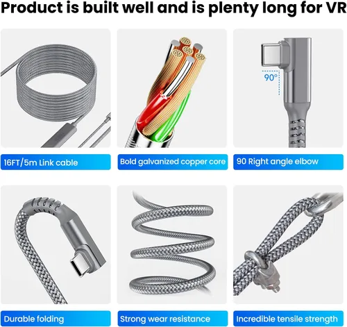 Vista 7 de KRX Design Ultra-Charging Link Cable for OculusMeta Quest 2 Quest Pro 16FT Battery Pack Head Strap Substitute for PC VR Enthusiast Safe and Fast