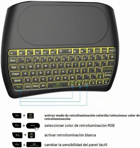 Vista 4 de Mini teclado inalámbrico D8 con panel táctil, teclado inalámbrico pequeño retroiluminado colorido, control remoto de mano para PC, Raspberry Pi 4
