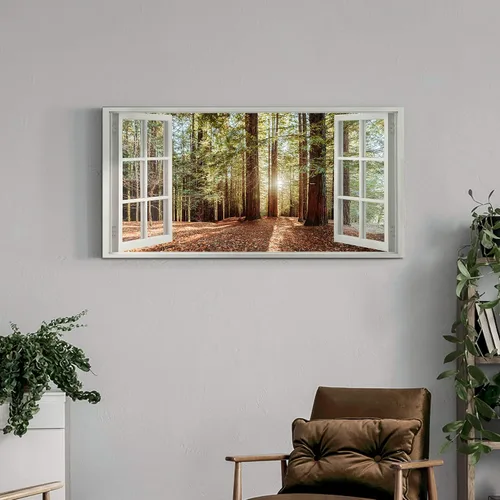 Vista 3 de Lienzo decorativo para pared de bosque de ventana, pintura de naturaleza, paisaje de amanecer, sala de estar, dormitorio, paisaje, imagen relajante