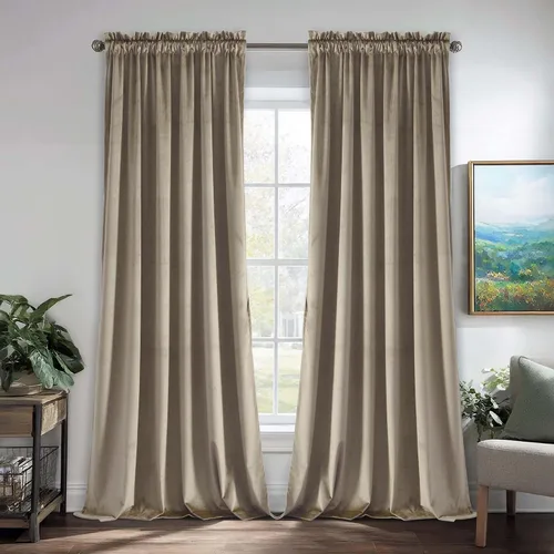 Vista 31 de JIUZHEN Cortinas de terciopelo beige de 63 pulgadas de ancho x 63 pulgadas de largo, cortinas de terciopelo retro suaves con bolsillo para barra