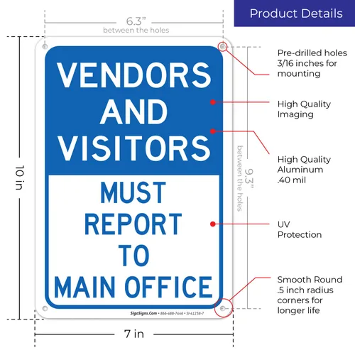 Vista 3 de Vendors & Visitors Report to Main Office Sign, 10x7 Inches, Rust Free .040 Aluminum, Fade Resistant, Easy Mounting, Indoor/Outdoor Use, Made in USA