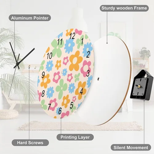 Vista 7 de Reloj de Pared de Flores Silencioso Sin Tictac Operado por Batería, Caricatura de los 70s Linda Flor Abstracta Pastel Margarita Reloj Floral