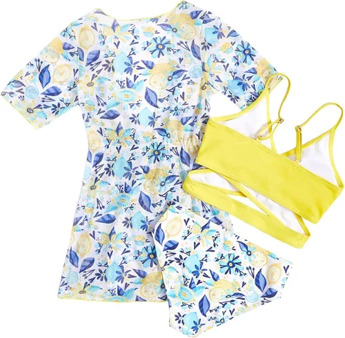 Vista 2 de WDIRARA Traje de baño de 3 piezas con estampado floral y kimono para niña