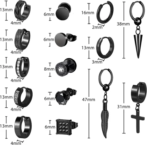 Vista 4 de KWUNCCI Aretes para hombre, 15 pares de aretes de aro de acero inoxidable quirúrgico, aretes negros para hombres y mujeres, juego de aretes de aro