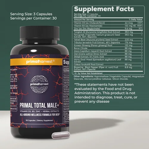 Vista 2 de Primal Harvest Total Male+ y suplemento de magnesio optimiza la salud de los hombres con nutrientes específicos para vitalidad y recuperación