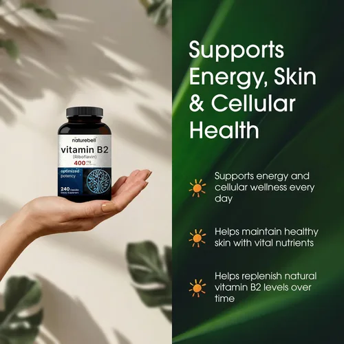 Vista 4 de NatureBell Vitamina B2 (riboflavina) 400 mg - 240 cápsulas - Suplemento para energía, piel y salud celular* - Sin OMG y sin gluten - Fácil