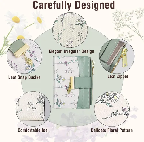 Vista 3 de Avando Carteras para mujer - Bloqueo RFID, de piel sintética suave, plegable, con cremallera, bolsillo con cremallera, cartera pequeña con flores