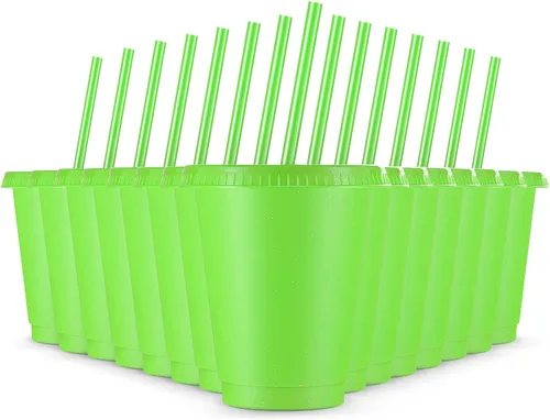 Vista 16 de Rtteri 15 vasos reutilizables con popotes y tapas, vasos de plástico con purpurina de 16 onzas, vasos de plástico para recuerdos de fiesta con Negro