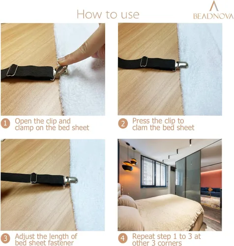Vista 4 de BEADNOVA Correas para sábanas de cama, 4 piezas triangulares, clips de sábana ajustables, sujetadores de colchón, clips de esquina para cama, funda