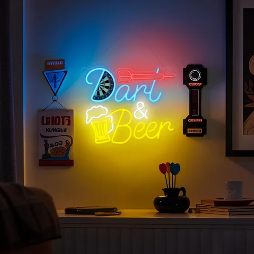 Vista 5 de CoolGift Mart Luz de Neón de Dardos de Cerveza, Letrero de Pared LED de Neón Regulable Alimentado por USB, Decoraciones para Dormitorio Cueva