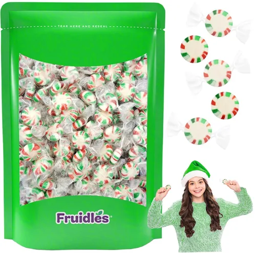 Vista 4 de Fruidles Estrellas de Navidad en forma de remolino, caramelos duros de menta con sabor a peperina en rojo, blanco y verde, Kosher Parve, envueltos