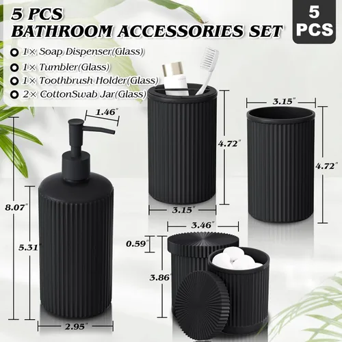Vista 2 de Juego de accesorios de baño de cristal negro, 5 piezas, dispensador de jabón acanalado vintage, soporte para cepillo de dientes, vaso, tarro Qtip
