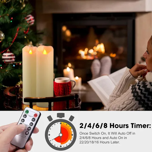 Vista 5 de PChero Velas parpadeantes sin llama de 10 x 3 pulgadas con control remoto y temporizadores, velas LED de cera real que funcionan con pilas, juego