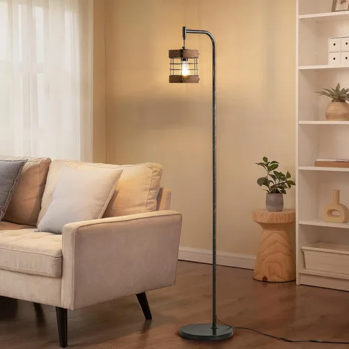 Vista 7 de Lámpara de pie industrial de 67 pulgadas con pantalla de madera y metal negro, lámpara de pie moderna, lámpara alta rústica estilo granja para sala